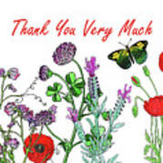 Thank You Very Much Card Watercolor Flowers And Butterflies Art Print