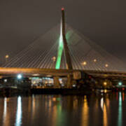 The Leonard P Zakim Bridge Lit Up In Green For St Patrick's Day Reflection Art Print