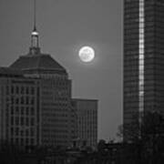 The Moon Rising Over Boston Black And White Art Print