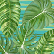 Tropical Leaf Striped Pattern Teal Turquoise Green Art Print