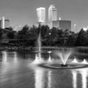 Tulsa Downtown Skyline Water Reflections - Black And White Art Print