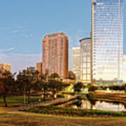 Twilight Panorama Of Downtown Houston Skyline From Discovery Green Urban Park - Houston Texas Art Print