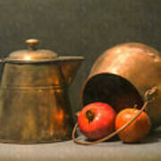 Two Copper Pots Pomegranate And An Apple Art Print