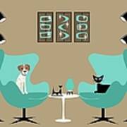Two Egg Chairs With Dog And Cat Art Print