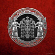 Two Instances Of Silver God Ninurta With Tree Of Life Over Red Velvet Art Print