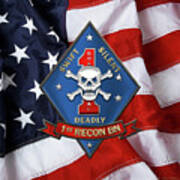 U S M C  1st Reconnaissance Battalion -  1st Recon Bn Insignia Over American Flag Art Print