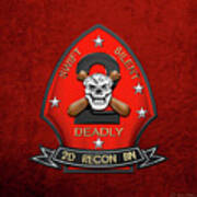 U S M C  2nd Reconnaissance Battalion -  2nd Recon Bn Insignia Over Red Velvet Art Print