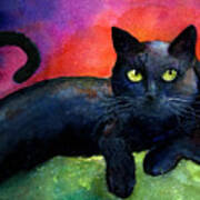 Vibrant Black Cat Watercolor Painting Art Print