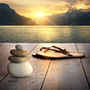 View Of Sandals And Rocks On Dock Art Print
