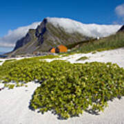 Vikten Beach With Green Grass, Mountains And Clouds Art Print