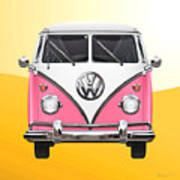 Volkswagen Type 2 - Pink And White Volkswagen T 1 Samba Bus On Yellow Art Print