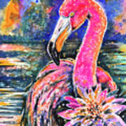 Water Lily And Flamingo Art Print