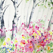 Watercolor - Birch And Wildflowers Art Print