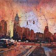 Watercolor Painting Of Charlotte, Nc Skyline At Sunset- North Ca Art Print