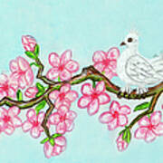 White Bird On Branch With Pink Flowers, Painting Art Print