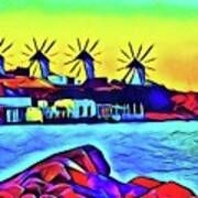 Windmills At Mykonos Art Print