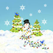 Winter Snowman - All Tangled Up In Lights Snowflakes Art Print