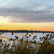 Winter Sunset By The River And City Skyline Art Print