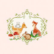 Woodland Fairytale - Animals Deer Owl Fox Bunny N Mushrooms Art Print