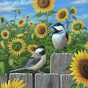 Chickadees And Sunflowers #1 Art Print