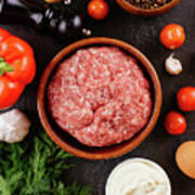 Fresh Raw Minced Pork In A Wooden Bowl With Vegetables On The Ba #1 Art Print