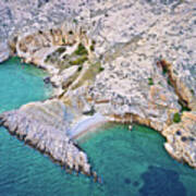 Island Of Krk Idyllic Pebble Beach With Karst Landscape Aerial V #1 Art Print