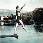 Man In Swimsuit Executing A Dive In A Lake Art Print