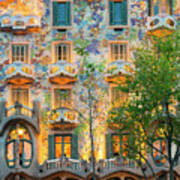 Spain, Catalonia, Barcelona, Casa Batllo Illuminated Up At Dusk, Architect Antoni Gaudi #1 Art Print