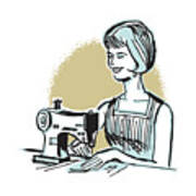 Woman Sewing At Sewing Machine #1 Art Print