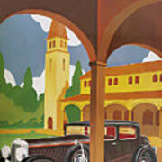 1932 Duesenberg Model J Coupe In Courtyard Setting Original French Art Deco Illustration Art Print