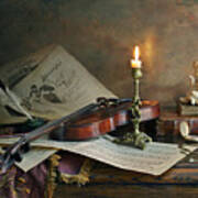 Still Life With Violin And Candle #2 Art Print