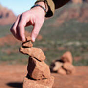 Hand Balancing Red Stone On A Rock Tower In Sedona Arizona #3 Art Print