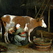 A Maid Milking A Cow In A Barn Art Print