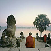 Angkor Wat, Buddhist Monks At Waters Art Print