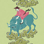 Asian Man Riding Bull Art Print