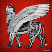 Assyrian Winged Lion - Silver And Black Lamassu Over Red Leather Art Print