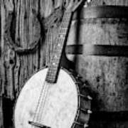 Banjo And Wine Barrel Black And White Art Print
