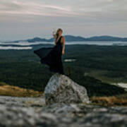 Beautiful Young Woman And Long Dress Balances On Rock On Mountaintop Art Print