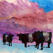 Belted Galloway Cows Purple Cloudy Sky Painting Art Print