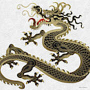Black And Gold Sacred Eastern Dragon Over White Leather Art Print