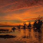 Blue Cypress Sunrise With Boat Art Print