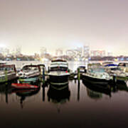 Boats In Boston Harbor At Night Art Print