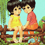 Boy And Girl Sitting On A Fence Art Print