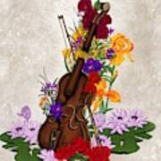 Broken Violin Surrounded By Flowers Art Print