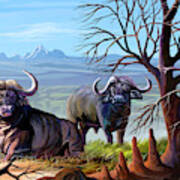 Buffaloes And The Mountain Art Print