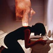 Bulimia: Young Woman Trying To Vomit In A Toilet Art Print