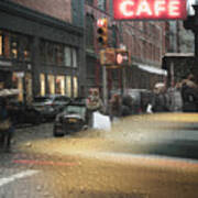 Cafe And Cab Rain Art Print