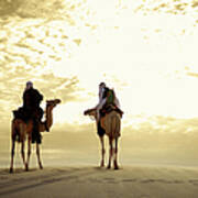 Camel Riders In Desert During Sunset Art Print