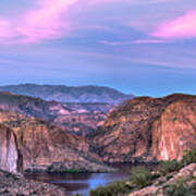 Canyon Lake And Four Peaks Sunset Panorama Art Print