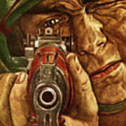 Closeup Of A Soldier Looking Through The Sight Of A Rifle Art Print
